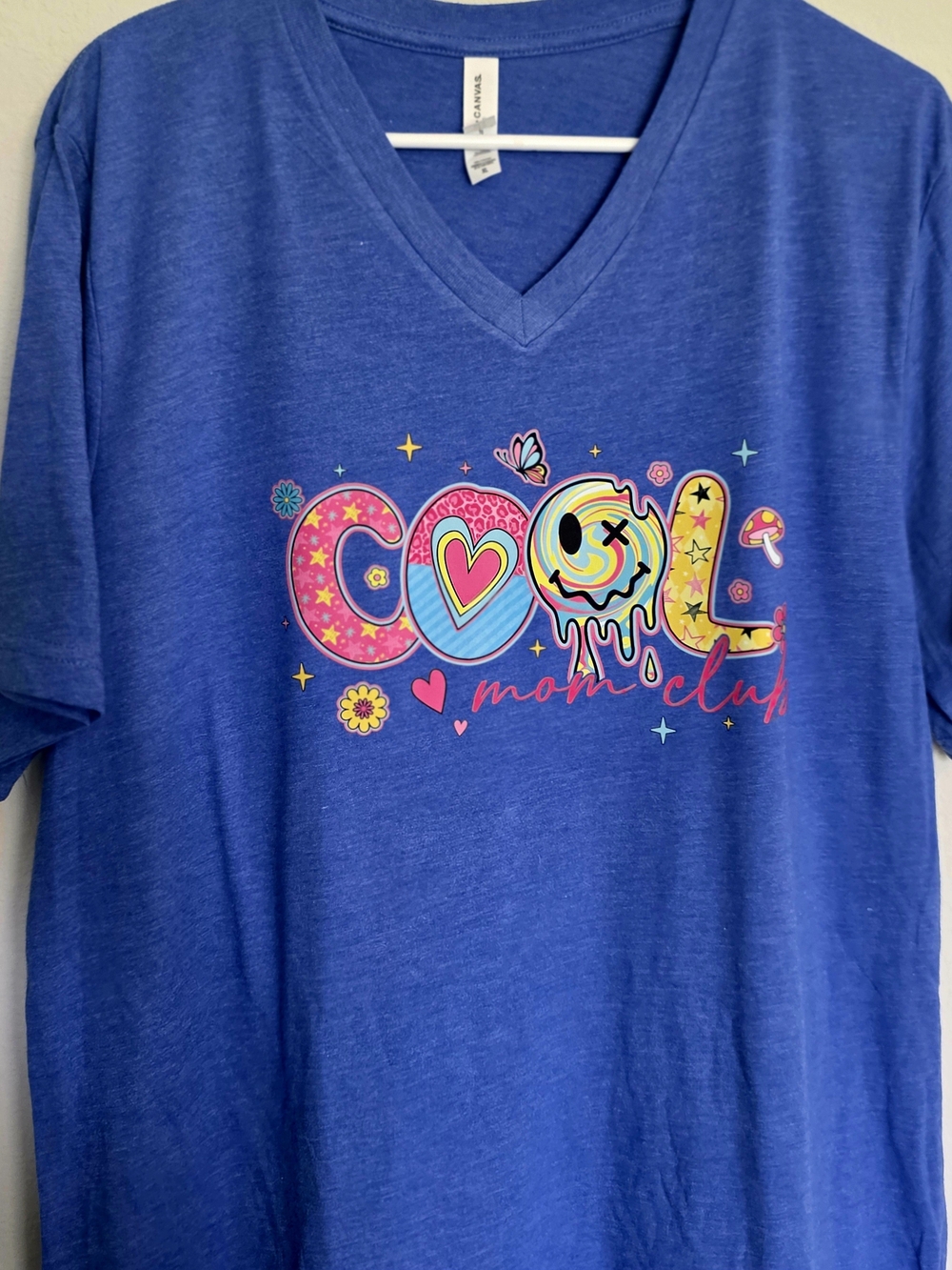 Bella Canvas Custom  Royal Blue V-Neck Tee with Colorful "COOL mom club" Graphic